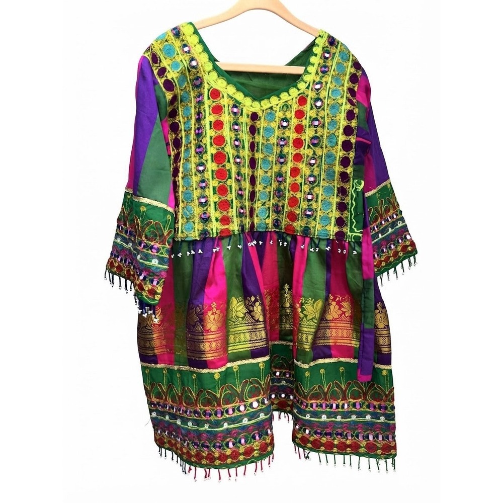 Girls Traditional Afghan Kuchi Style Tunic Dress Size 6-8 Colorful Mirror Work